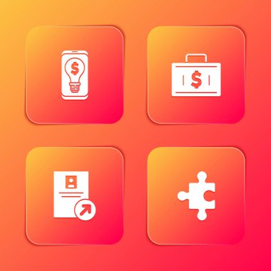 Cep telefonu, evrak çantası ve para, iş promosyonu ve yapboz ikonu için bir dolar ile ampul ayarla. Vektör.