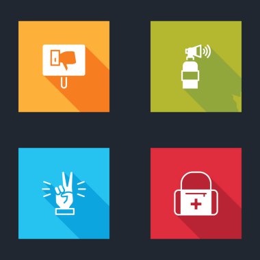 Protesto, korna, el, iki parmak ve ilk yardım çantası ikonunu göster. Vektör.