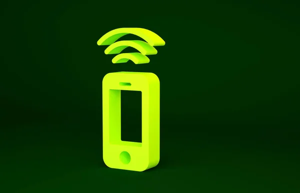黄色无线智能手机图标隔离在绿色背景 最低纲领的概念 3D渲染3D插图 — 图库照片