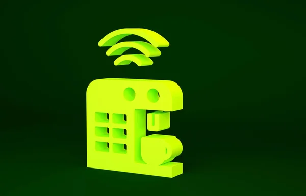 Yellow Smart coffee machine system icon isolated on green background. Internet of things concept with wireless connection. Minimalism concept. 3d illustration 3D render.