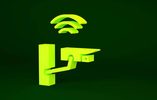 Yellow Smart security camera icon isolated on green background. Internet of things concept with wireless connection. Minimalism concept. 3d illustration 3D render.