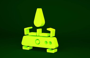 Yeşil arka planda izole edilmiş sarı kamp gaz sobası ikonu. Taşınabilir gaz ocağı. Yürüyüş, kamp malzemeleri. Minimalizm kavramı. 3d illüstrasyon 3B canlandırma.