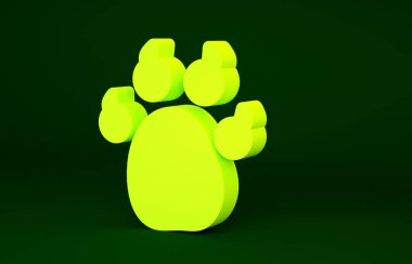 Sarı Paw yazdırma simgesi yeşil arkaplanda izole edildi. Köpek ya da kedi pençesi izi. Hayvan izleri. Minimalizm kavramı. 3d illüstrasyon 3B canlandırma.
