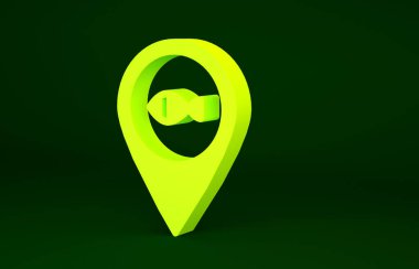 Sarı Konum balıkçılık ikonu yeşil arka planda izole edildi. Balıkçılık yeri. Minimalizm kavramı. 3d illüstrasyon 3B canlandırma.