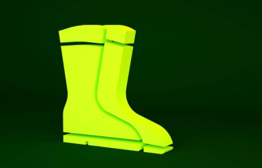 Yeşil arka planda izole edilmiş sarı balıkçı botları simgesi. Su geçirmez lastik bot. Yağmurlu hava, balıkçılık, avcılık, bahçe işleri için çizme. Minimalizm kavramı. 3d illüstrasyon 3B canlandırma.
