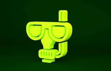 Yeşil arkaplanda sarı dalış maskesi ve şnorkel simgesi var. Olağanüstü bir spor. Su altı ekipmanları. Minimalizm kavramı. 3d illüstrasyon 3B canlandırma.