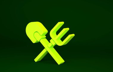 Yeşil arka planda sarı kürek ve tırmık simgesi izole edildi. Bahçecilik, tarım, bahçıvanlık, çiftçilik aletleri. Toprak işçisi. Minimalizm kavramı. 3d illüstrasyon 3B canlandırma.