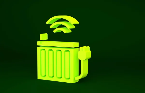 緑の背景に隔離された黄色のスマートヒーティングラジエータシステムアイコン ワイヤレス接続で物事の概念のインターネット 最小限の概念 3Dイラスト3Dレンダリング — ストック写真