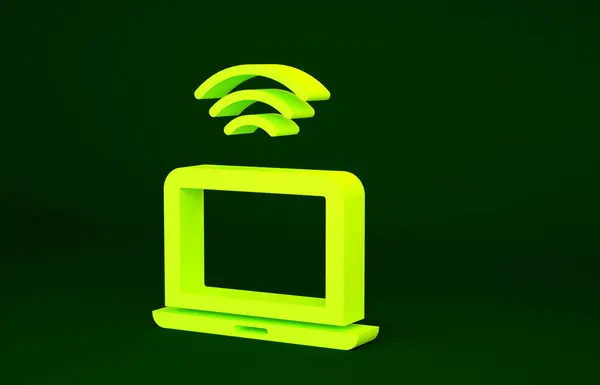 黄色无线笔记本电脑图标隔离在绿色背景 物联网概念与无线连接 最低纲领的概念 3D渲染3D插图 — 图库照片