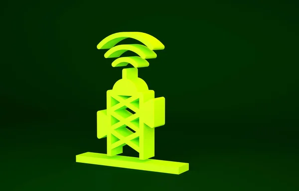 Yellow Wireless antenna icon isolated on green background. Technology and network signal radio antenna. Minimalism concept. 3d illustration 3D render.