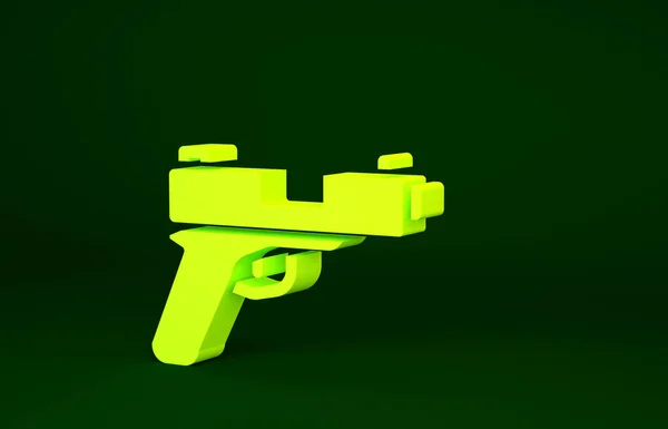緑色の背景に黄色のピストルまたは銃のアイコンが隔離されています 警察や軍の拳銃 小火器だ 最小限の概念 3Dイラスト3Dレンダリング — ストック写真