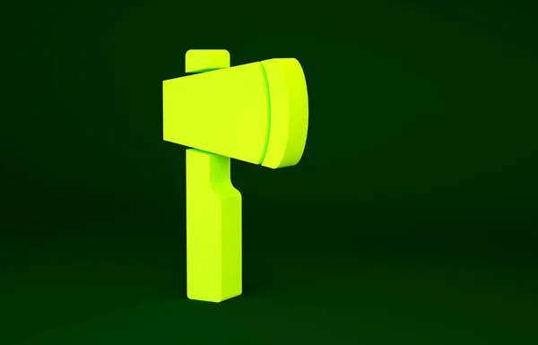 黄色的木制斧头图标孤立在绿色背景上 伐木工斧头最低纲领的概念 3D渲染3D插图 — 图库照片