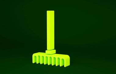 Sarı Bahçe tırmık simgesi yeşil arkaplanda izole edildi. Bahçecilik, tarım, çiftçilik aleti. Toprak işçisi. Minimalizm kavramı. 3d illüstrasyon 3B canlandırma.