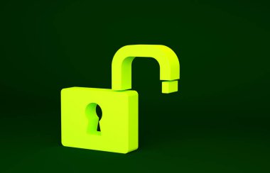 Sarı Açık asma kilit simgesi yeşil arkaplanda izole edildi. Kilit açık işareti. Siber güvenlik kavramı. Dijital veri koruması. Minimalizm kavramı. 3d illüstrasyon 3B canlandırma.