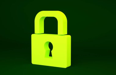 Yeşil arkaplanda sarı kilit simgesi izole edildi. Asma kilit işareti. Güvenlik, güvenlik, koruma, gizlilik kavramı. Minimalizm kavramı. 3d illüstrasyon 3B canlandırma.