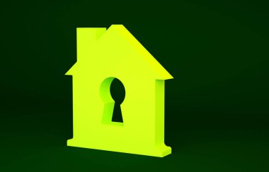 Sarı Ev, yeşil arka planda izole edilmiş koruma ikonu altında. Ev ve kalkan. Koruma, güvenlik, güvenlik, koruma, savunma konsepti. Minimalizm kavramı. 3d illüstrasyon 3B canlandırma.