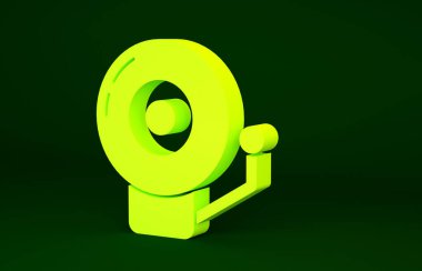 Sarı alarm zili simgesi yeşil arkaplanda izole edildi. Alarm sembolü, servis zili, el zili işareti, uyarı sembolü. Minimalizm kavramı. 3d illüstrasyon 3B canlandırma.