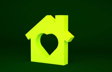 Yeşil arka planda izole edilmiş, içinde kalp olan sarı ev. Aşk ev sembolü. Aile, emlak ve gayrimenkul. Minimalizm kavramı. 3d illüstrasyon 3B canlandırma.