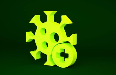 Yeşil arka planda sarı pozitif virüs ikonu izole edildi. Corona virüsü 2019-nCoV. Bakteri ve mikroplar, hücre kanseri, mikrop, mantar. Minimalizm kavramı. 3d illüstrasyon 3B canlandırma.