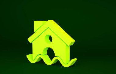 Sarı Ev sel ikonu yeşil arka planda izole edildi. Suyun altındaki evi sel basıyor. Sigorta konsepti. Güvenlik, güvenlik, koruma, konsept koruma. Minimalizm kavramı. 3d illüstrasyon 3B canlandırma.