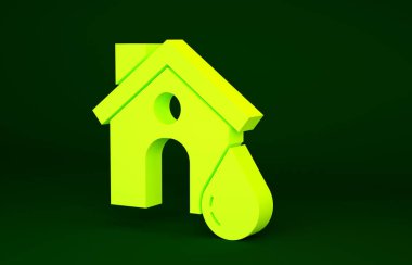 Sarı Ev sel ikonu yeşil arka planda izole edildi. Suyun altındaki evi sel basıyor. Sigorta konsepti. Güvenlik, güvenlik, koruma, konsept koruma. Minimalizm kavramı. 3d illüstrasyon 3B canlandırma.