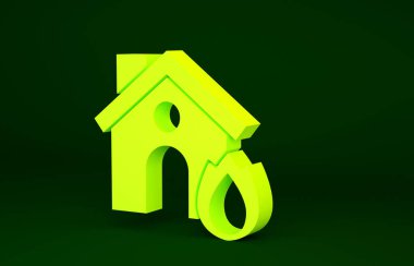 Yanan Ev ikonundaki Sarı Ateş yeşil arka planda izole edildi. Sigorta konsepti. Güvenlik, güvenlik, koruma, konsept koruma. Minimalizm kavramı. 3d illüstrasyon 3B canlandırma.