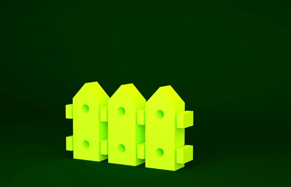 黄色花园篱笆木制图标隔离在绿色背景上 最低纲领的概念 3D渲染3D插图 — 图库照片