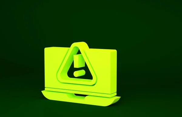 Yellow Laptop with exclamation mark icon isolated on green background. Alert message smartphone notification. Minimalism concept. 3d illustration 3D render.