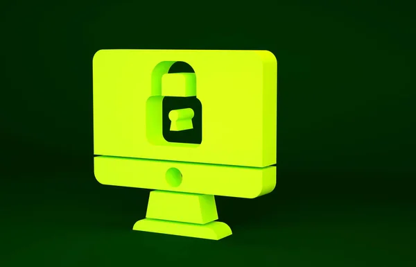 緑の背景に隔離されたコンピュータのモニター画面アイコン上の黄色のロック セキュリティ 保護の概念 安全なインターネットだ 最小限の概念 3Dイラスト3Dレンダリング — ストック写真