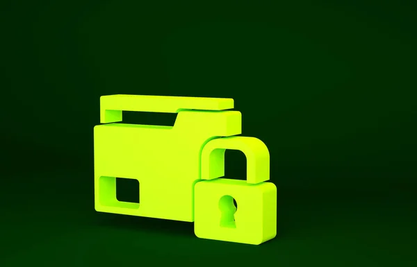 黄色文件夹和锁图标隔离在绿色背景 关闭文件夹和挂锁 保护概念 最低纲领的概念 3D渲染3D插图 — 图库照片