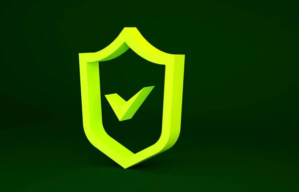緑の背景に隔離されたチェックマークのアイコンを持つイエローシールド セキュリティ 安全性 プライバシーの概念 マークが承認された 最小限の概念 3Dイラスト3Dレンダリング — ストック写真