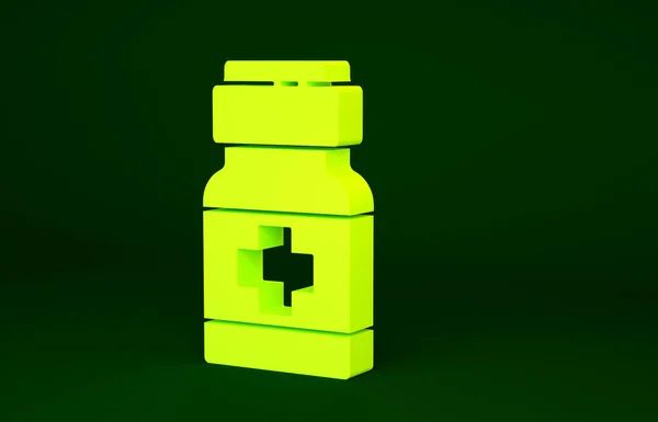 Yellow Medicine bottle and pills icon isolated on green background. Medical drug package for tablet, vitamin, antibiotic, aspirin. Minimalism concept. 3d illustration 3D render.