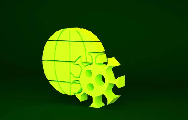 Yellow Earth globe with virus icon isolated on green background. Corona virus 2019-nCoV. Bacteria and germs, cell cancer, microbe, fungi. Minimalism concept. 3d illustration 3D render.