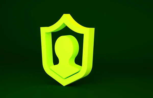 盾のアイコンが緑の背景に隔離された黄色の生命保険 セキュリティ 安全性 保護の概念 最小限の概念 3Dイラスト3Dレンダリング — ストック写真