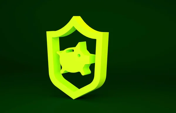 緑の背景に隔離されたシールドアイコンを持つ黄色の貯金箱 投資の節約や蓄積 保険の概念 最小限の概念 3Dイラスト3Dレンダリング — ストック写真