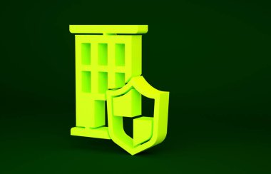 Yeşil arka planda kalkan simgesi olan sarı ev. Sigorta konsepti. Güvenlik, güvenlik, koruma, konsept koruma. Minimalizm kavramı. 3d illüstrasyon 3B canlandırma.