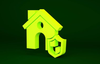Yeşil arka planda kalkan simgesi olan sarı ev. Sigorta konsepti. Güvenlik, güvenlik, koruma, konsept koruma. Minimalizm kavramı. 3d illüstrasyon 3B canlandırma.