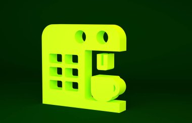 Yeşil arkaplanda sarı kahve makinesi simgesi var. Minimalizm kavramı. 3d illüstrasyon 3B canlandırma.