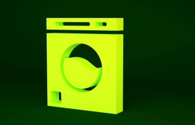 Sarı Yıkama simgesi yeşil arkaplanda izole edildi. Çamaşır makinesi simgesi. Çamaşır makinesi, çamaşır makinesi. Ev aletleri sembolü. Minimalizm kavramı. 3d illüstrasyon 3B canlandırma.