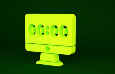 Bilgisayar ekranındaki sarı saat yeşil arkaplanda izole edilmiş. Program kavramları. Minimalizm kavramı. 3d illüstrasyon 3B canlandırma.