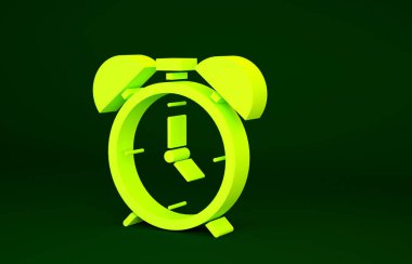 Sarı Alarm saat simgesi yeşil arkaplanda izole edildi. Uyan, kalk konsepti. Zaman işareti. Minimalizm kavramı. 3d illüstrasyon 3B canlandırma.