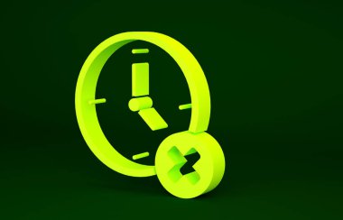 Sarı Saat silme simgesi yeşil arkaplanda izole edildi. Zaman sembolü. Minimalizm kavramı. 3d illüstrasyon 3B canlandırma.