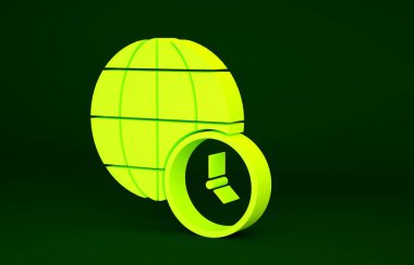 Sarı Dünya zaman simgesi yeşil arkaplanda izole edildi. Saat ve küre. Minimalizm kavramı. 3d illüstrasyon 3B canlandırma.