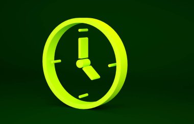 Sarı Saat simgesi yeşil arkaplanda izole edildi. Zaman sembolü. Minimalizm kavramı. 3d illüstrasyon 3B canlandırma.