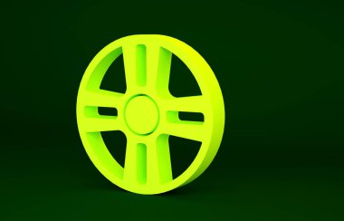 Yeşil arka planda izole edilmiş bir araba simgesi için sarı alçı tekerlek. Minimalizm kavramı. 3d illüstrasyon 3B canlandırma.