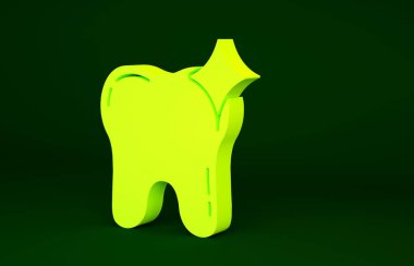Yeşil arkaplanda sarı diş beyazlatma konsepti simgesi izole edildi. Diş hekimliği kliniği ya da diş hekimliği merkezi için diş sembolü. Minimalizm kavramı. 3d illüstrasyon 3B canlandırma.