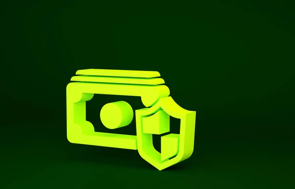 盾のアイコンが緑の背景に隔離された黄色のお金 保険の概念 セキュリティ 安全性 保護の概念 最小限の概念 3Dイラスト3Dレンダリング — ストック写真