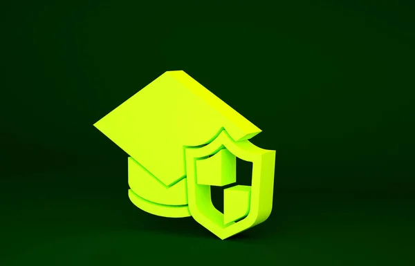 Žlutý Graduation Čepice Ikonou Štítu Izolované Zeleném Pozadí Pojištění Zabezpečení — Stock fotografie