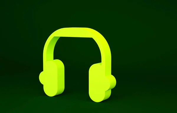 黄色のヘッドフォンアイコンは緑の背景に隔離されています イヤフォン サービス コミュニケーション オペレーターの話を聞くためのコンセプト 最小限の概念 3Dイラスト3Dレンダリング — ストック写真
