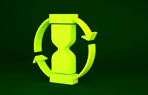緑の背景に隔離された流れる砂のアイコンと黄色の古い砂時計 砂時計の看板 ビジネスと時間管理の概念 最小限の概念 3Dイラスト3Dレンダリング — ストック写真